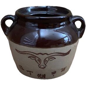 Vintage Monmouth Texas Longhorn Western Small Bean Pot Crock USA Stoneware